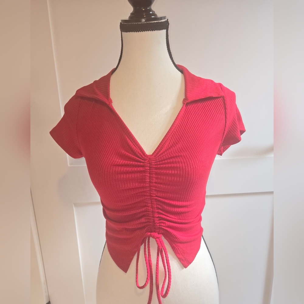 Red Ruched V-Neck Women's Top